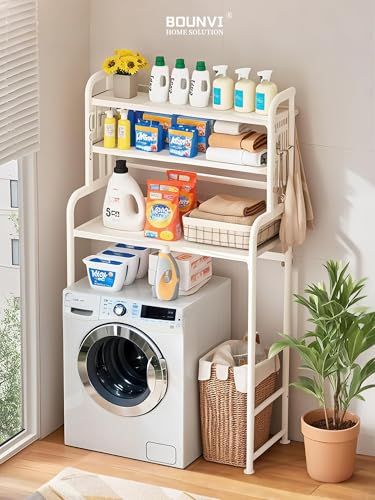 洗濯機 ラック ランドリー 収納棚 3段階に高さ調節 幅伸縮タイプ 51 81 cm 有孔ボード付き 多用途 大承重 洗濯機上収納棚 日本語の説明書付き 深いグレー m