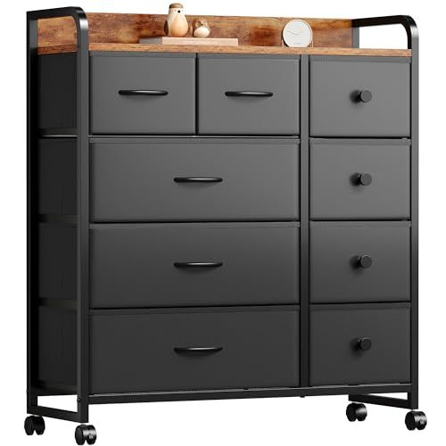 タンス 収納 チェスト 洋服収納 おしゃれ 洋服タンス キャスター付き 大容量 衣装棚 衣裝ケース リビング 引き出し 脱衣所 棚 衣類チェスト 箪笥 木製天板付き 和風 布製引き出し 転倒防止 安定感 L 82×W 28×H 97 cm 4段9杯 ピンテージ m