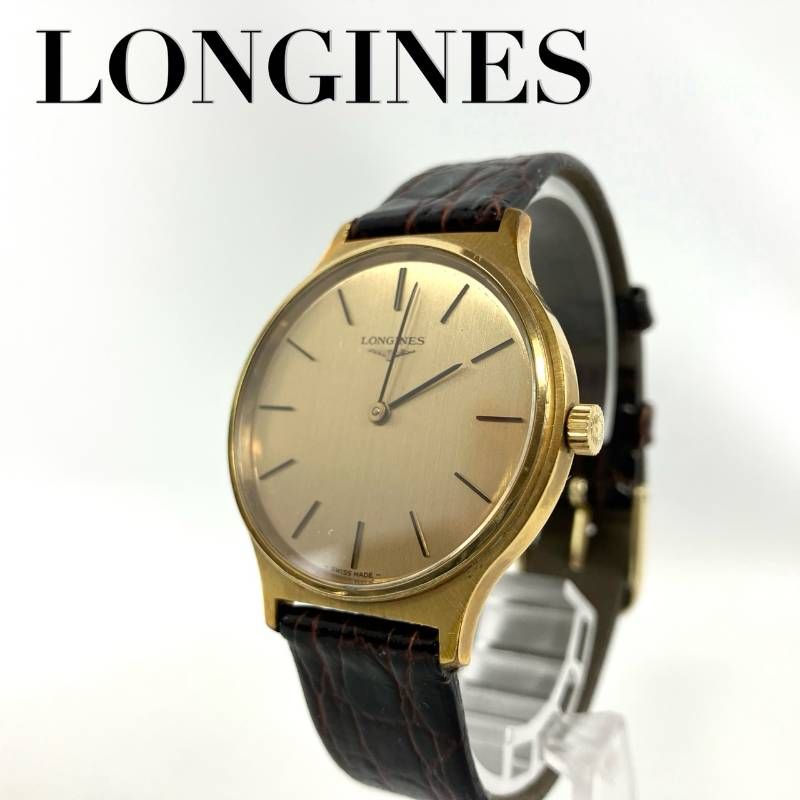 稼働品 電池交換済み ロンジン 腕時計 機械式 手動巻 アナログ ゴールド文字盤 2針 レザーベルト ゴールド ブラウン W 70