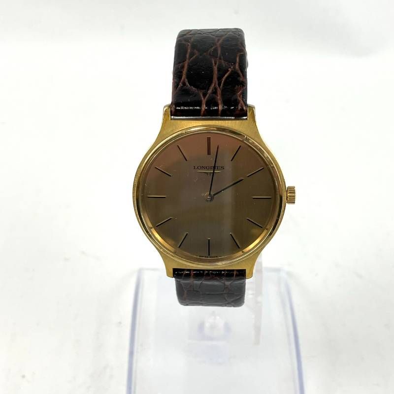 稼働品 電池交換済み ロンジン 腕時計 機械式 手動巻 アナログ ゴールド文字盤 2針 レザーベルト ゴールド ブラウン W 70
