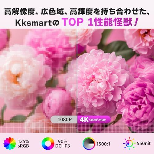 kksmart モバイルモニター 13.3インチ 4 K 3840*2400 超軽量500 g 125％sRGB色域 90%DCI-P 3 550 nit高輝度 ベゼルレス 画像比調整 黄金縦横比16 10 光沢IPSパネル VESA 収納ケース付 Type m