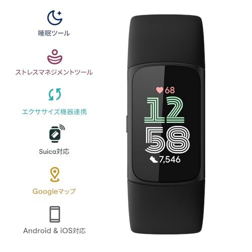 Suica対応 Fitbit Charge 6 トラッカー オブシディアン ブラック スマートウォッチ|防水|iPhone対応|アンドロイド対応|最大7日間のバッテリー|GPS搭載|心拍計|睡眠スコア 日本 m