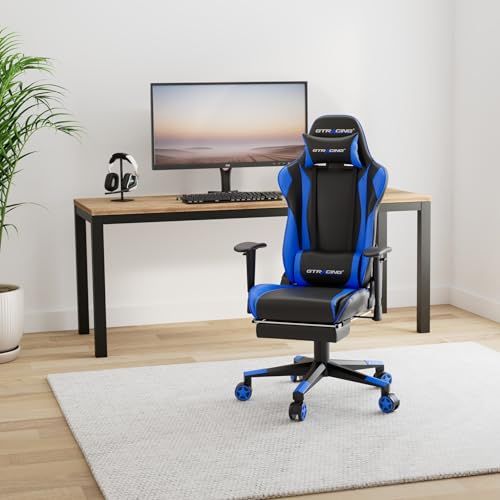 GTRacing ゲーミングチェア オフィスチェア デスクチェア ゲーム用チェア リクライニング パソコンチェア ハイバック ヘッドレスト ランバーサポート ひじ掛け付き 高さ調整機能 PUレザー オットマン付き ブルー GT 002 F-BL a 315 ac 43