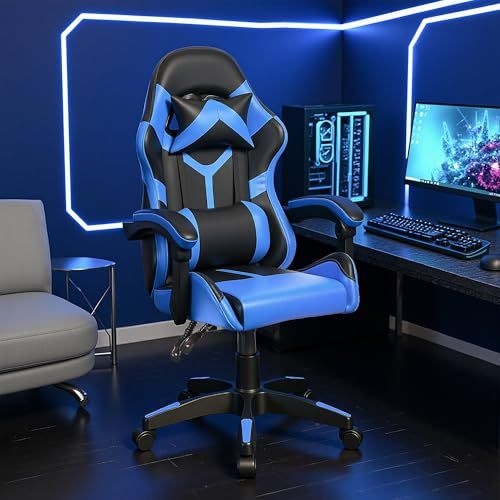 VECELO ゲーミングチェア gaming chair デスクチェア 135度リクライニング オフィスチェア 椅子 エルゴノミクスチェア パソコン pcチェア チェアー テレワーク 在宅 疲れない ゲーム用 通気性 高反発 ブルー＆ブラッ 49 e 78898