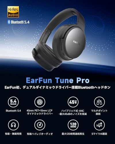 VGP 2025 金賞 EarFun Tune Proワイヤレスヘッドホン Bluetooth 5.4| 40 mm 10 mmデュアルドライバー| 無線- USB-C - AUX有線接続 | 最大45 dBのノイズを低減ノイズキャンセリングヘッドホン| 最 m