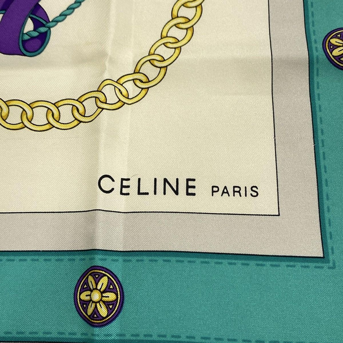 CELINE セリーヌ スカーフ - 白×グリーン×パープル サドル シルク