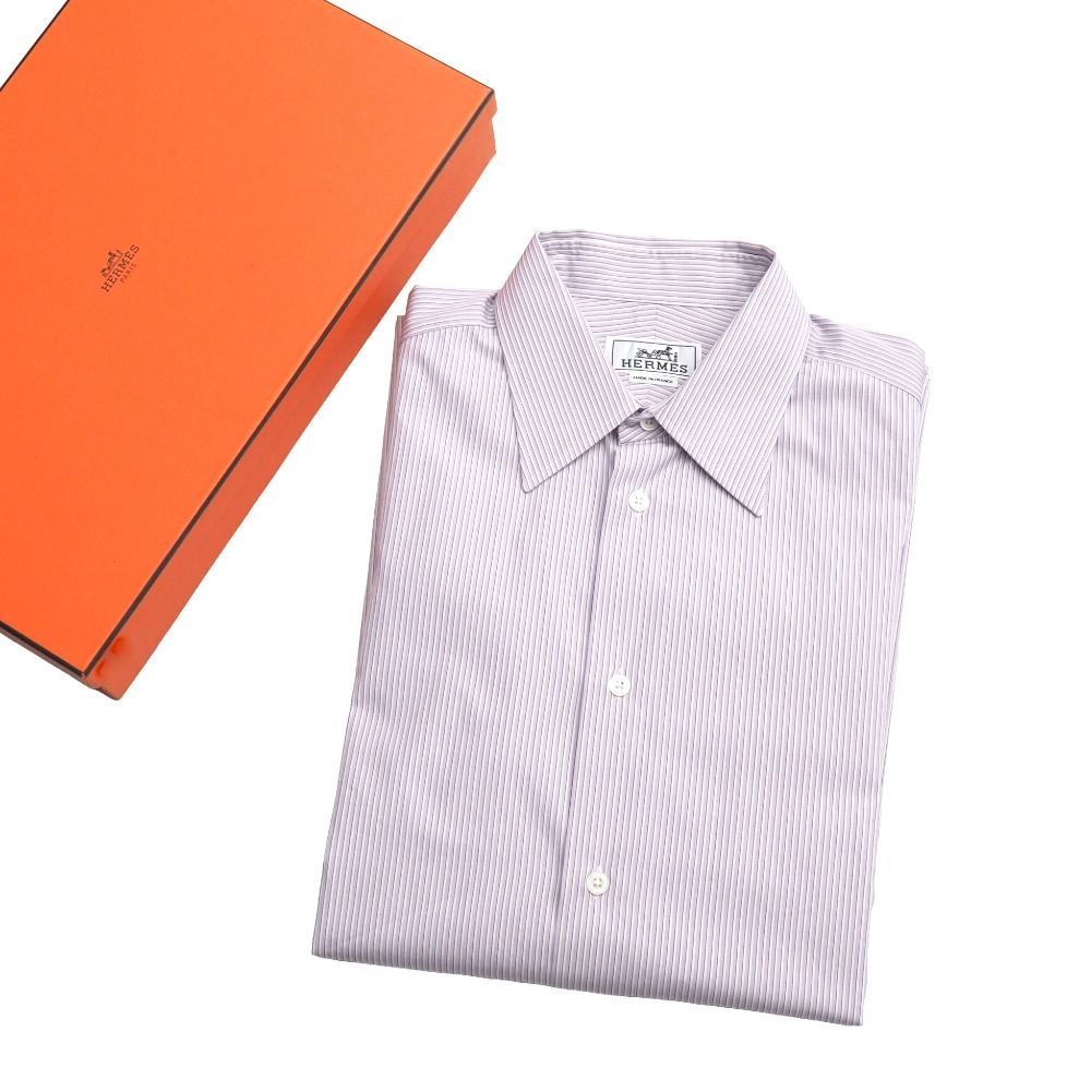 HERMES エルメス 長袖シャツ サイズ15 3|4 ストライプ ラウンドカット フランス製 ブランド古着 |RA 6930