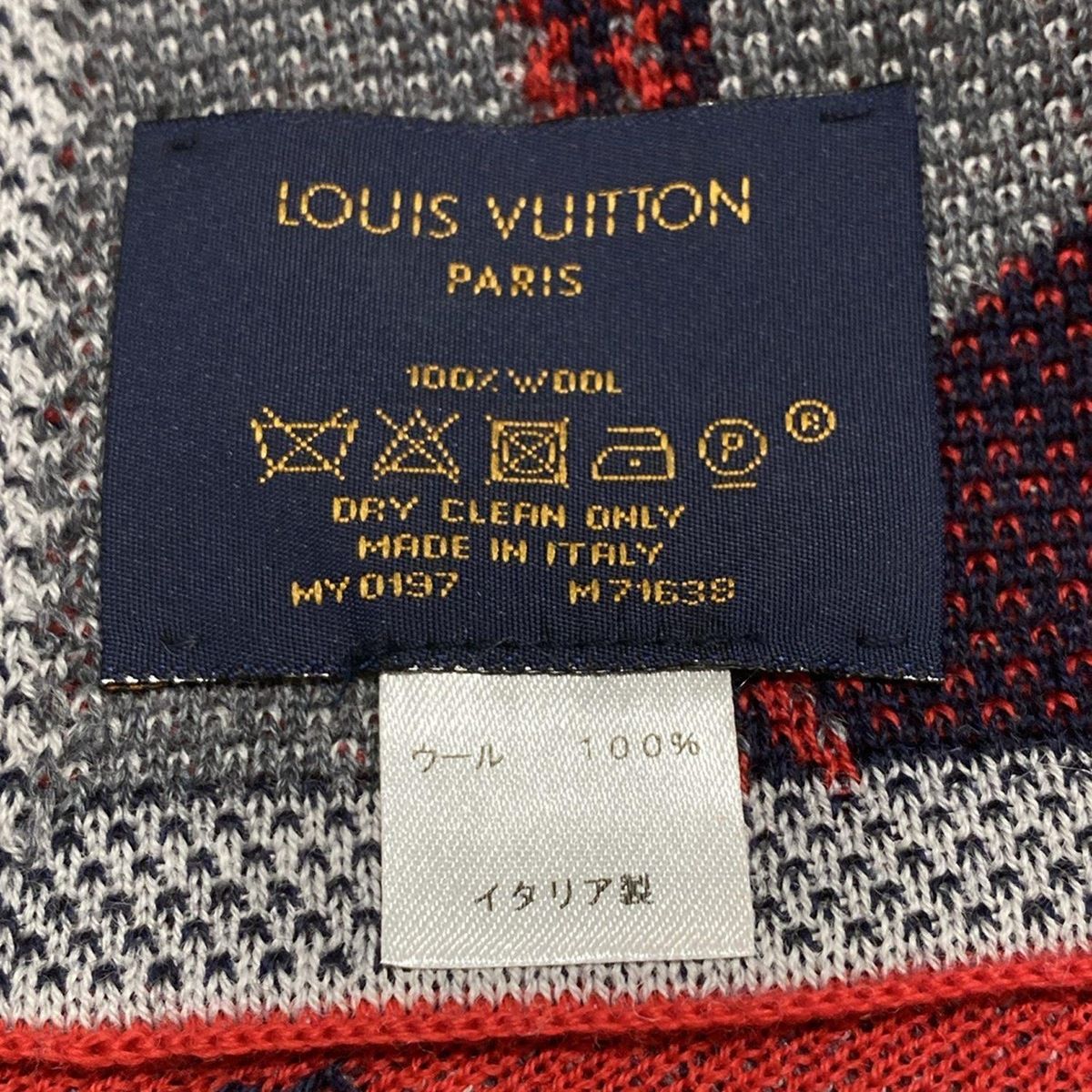 LOUIS VUITTON ルイヴィトン マフラー エシャルプ トラベル スタンプス M 71638 グレー×レッド×マルチ ウール