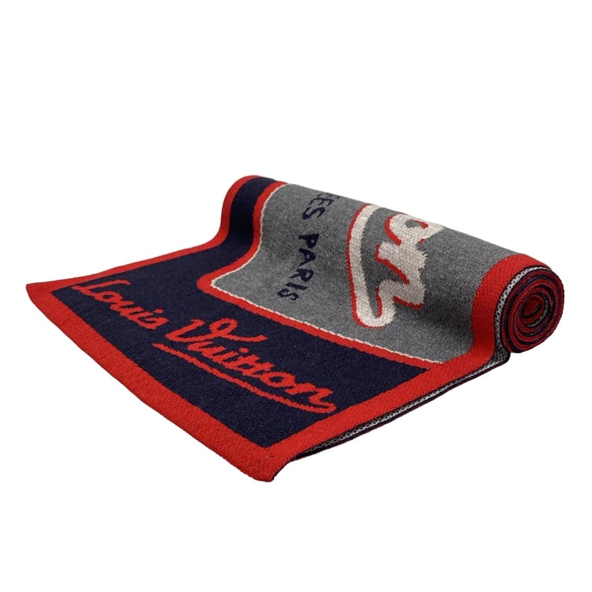 LOUIS VUITTON ルイヴィトン マフラー エシャルプ トラベル スタンプス M 71638 グレー×レッド×マルチ ウール