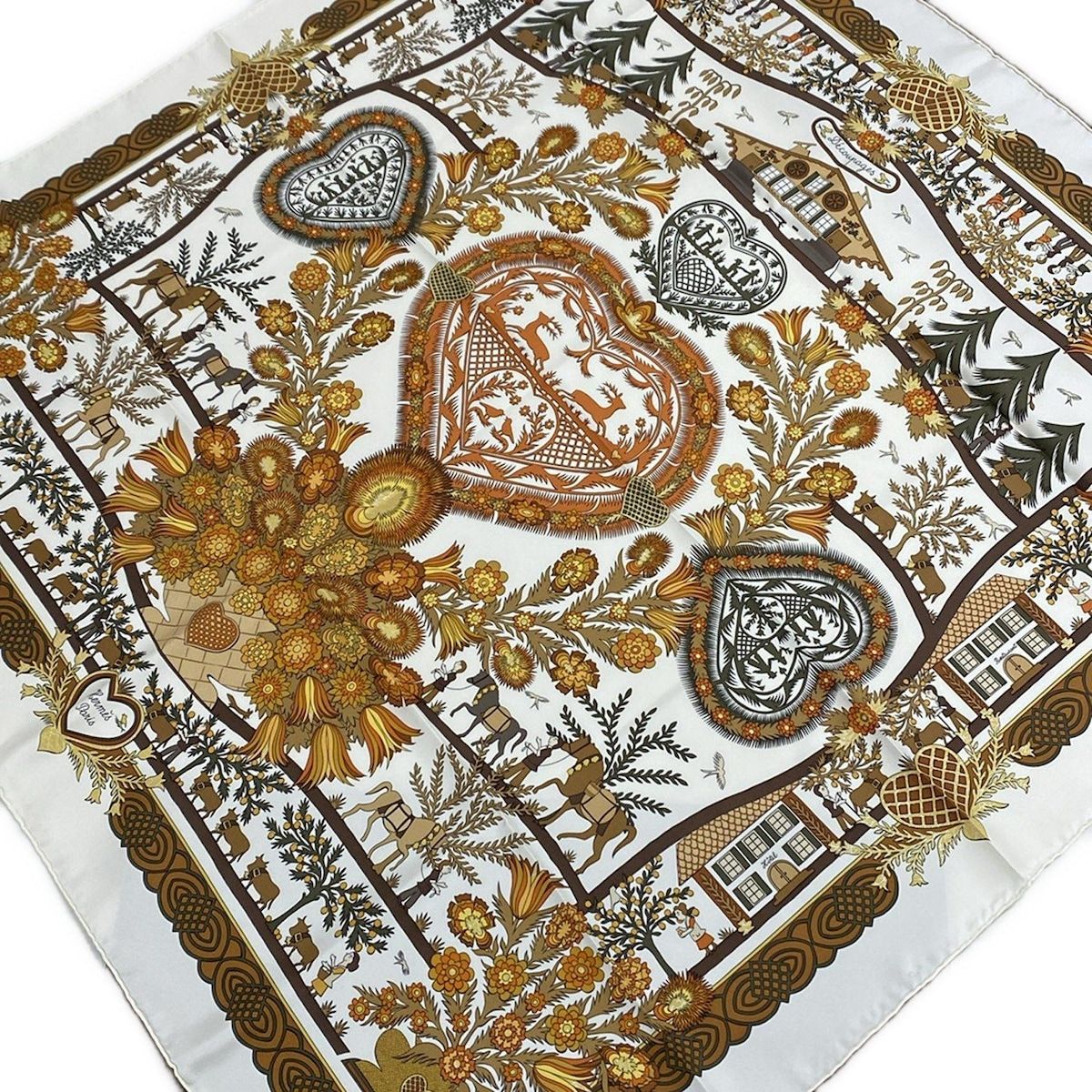 HERMES エルメス スカーフ カレ90 アイボリー×ブラウン×マルチ Decoupages シルク