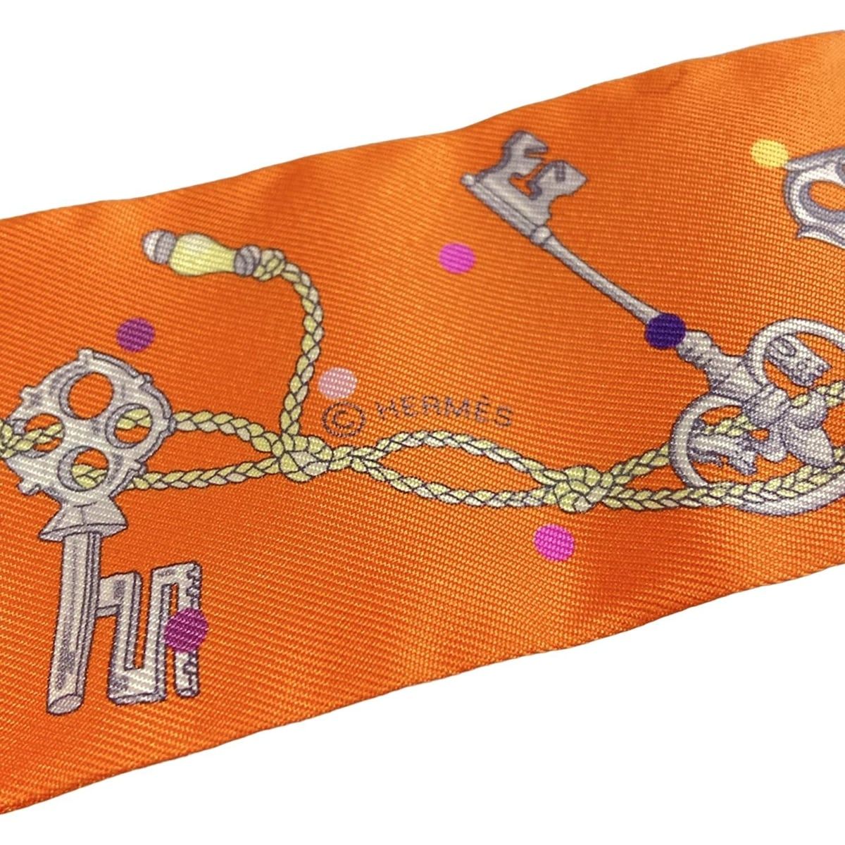 HERMES エルメス スカーフ ツイリー オレンジ×グレー×マルチ LES CLES A POIS