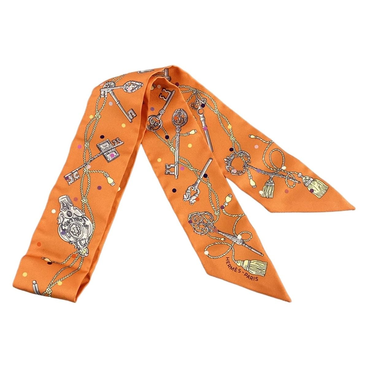 HERMES エルメス スカーフ ツイリー オレンジ×グレー×マルチ LES CLES A POIS
