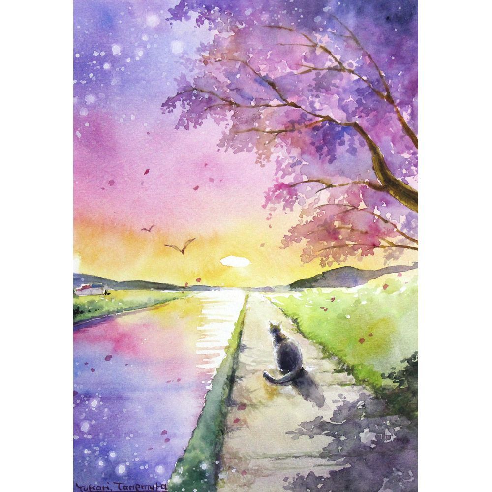 原画）桜色の夕空【SMサイズ／水彩画／#2972】 - メルカリ