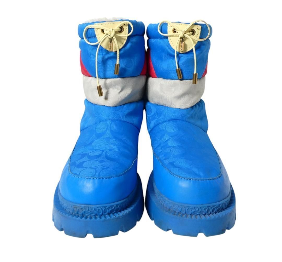 COACH コーチ サイズ44.5 約29㎝ シグネチャー柄 ポリエステル×レザー ボア ドローコード バッファーブーツ スノーブーツ ブルー 青 メンズ