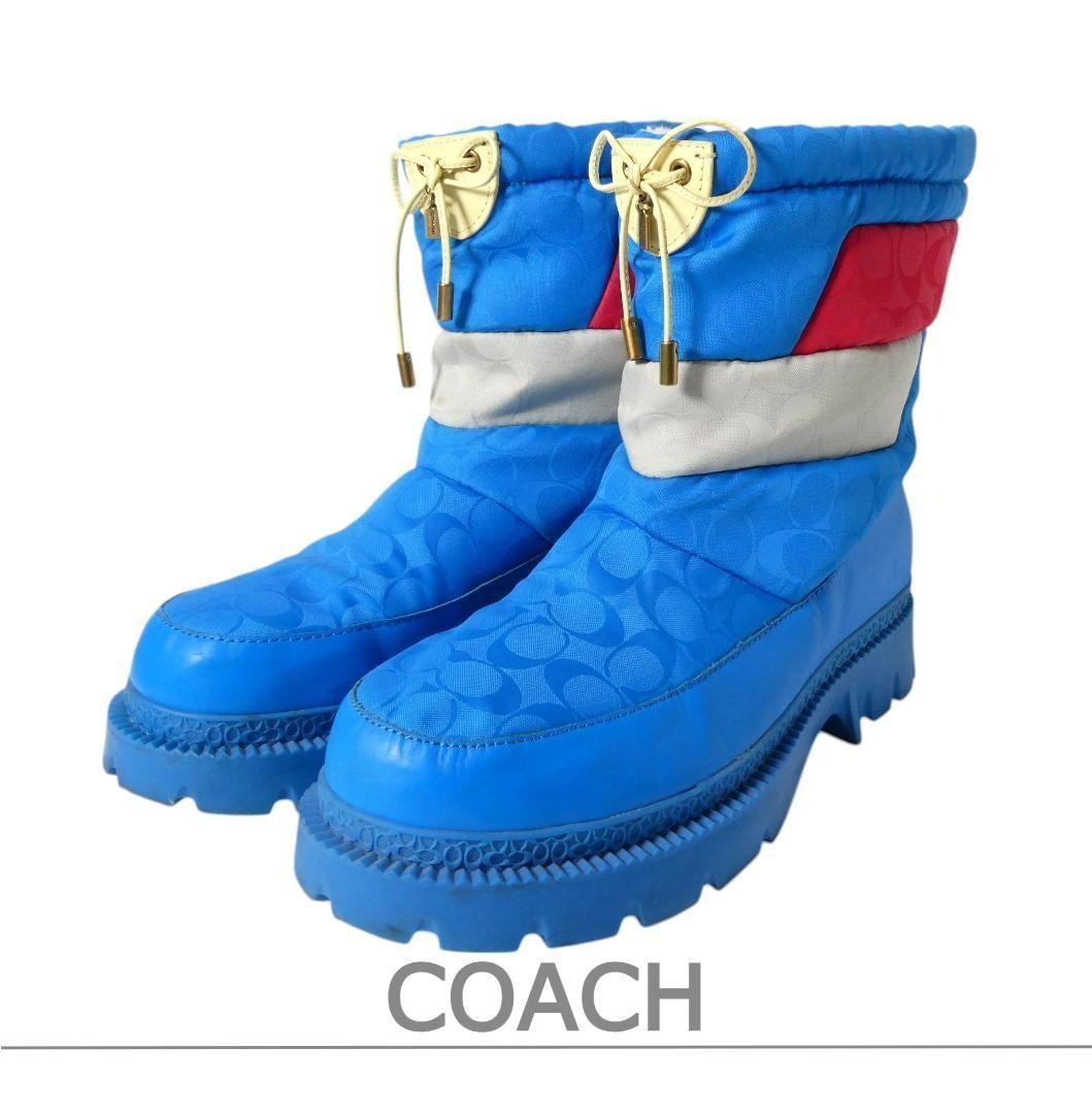 COACH コーチ サイズ44.5 約29㎝ シグネチャー柄 ポリエステル×レザー ボア ドローコード バッファーブーツ スノーブーツ ブルー 青 メンズ