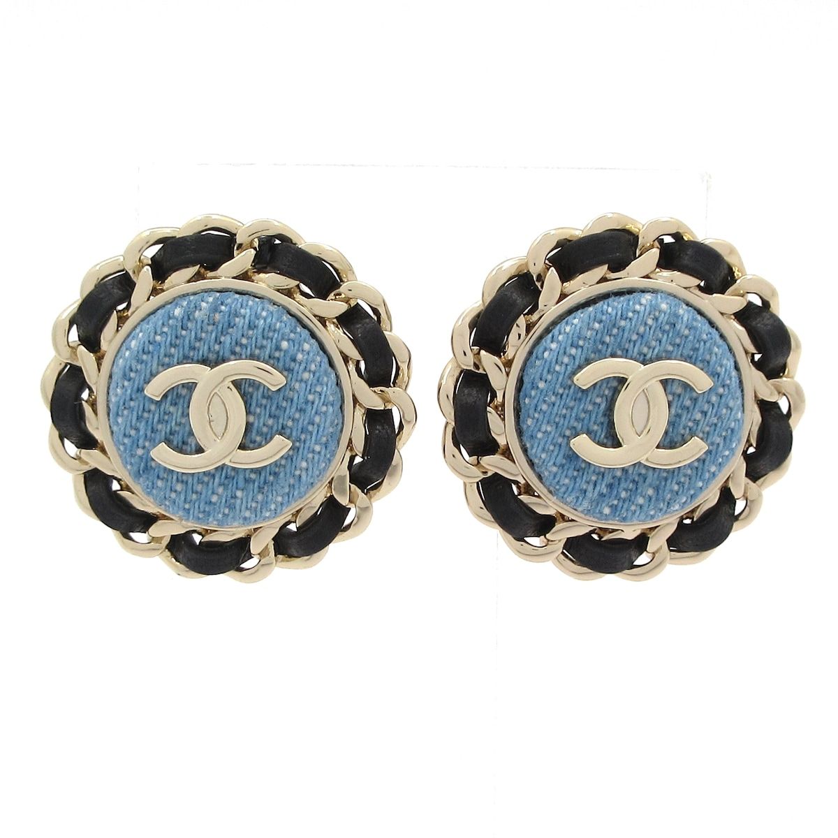 CHANEL シャネル ピアス ココマーク レザー ライトブルー×ゴールド×黒 チェーン