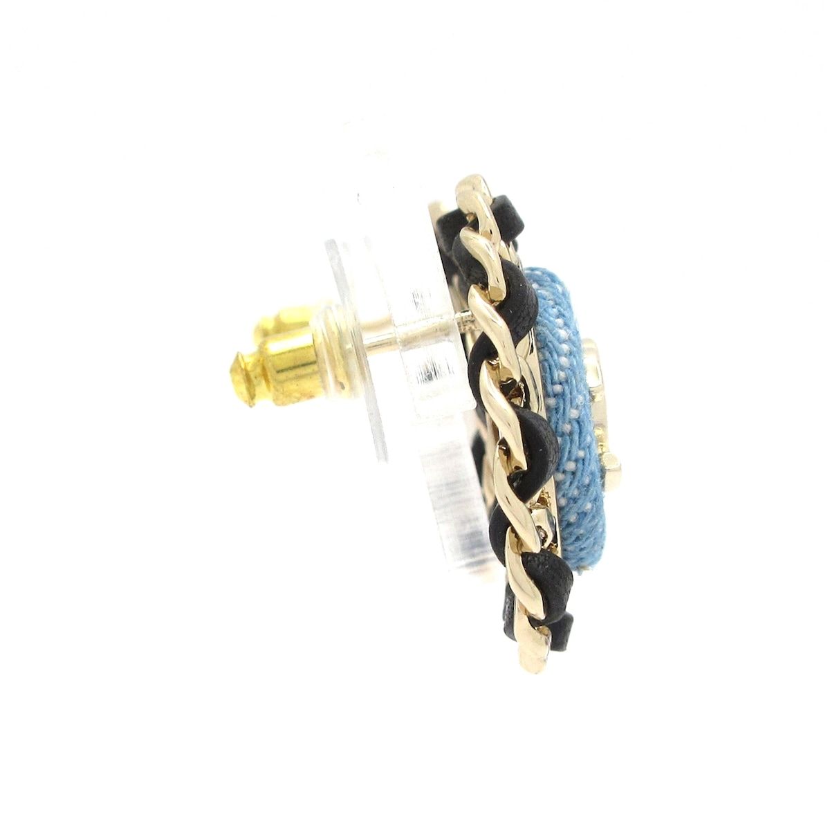 CHANEL シャネル ピアス ココマーク レザー ライトブルー×ゴールド×黒 チェーン