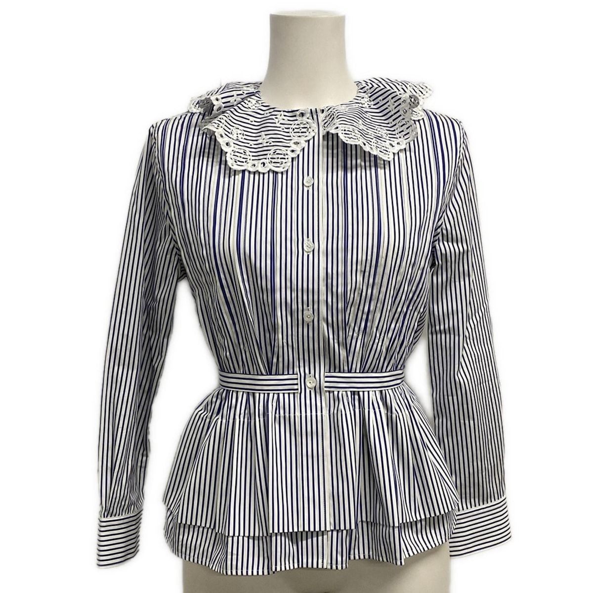 ルイヴィトン 長袖シャツブラウス サイズ36 S レディース - 1 A 9 O 21 白×ネイビー ストライプ|モノグラム柄|レース コットン