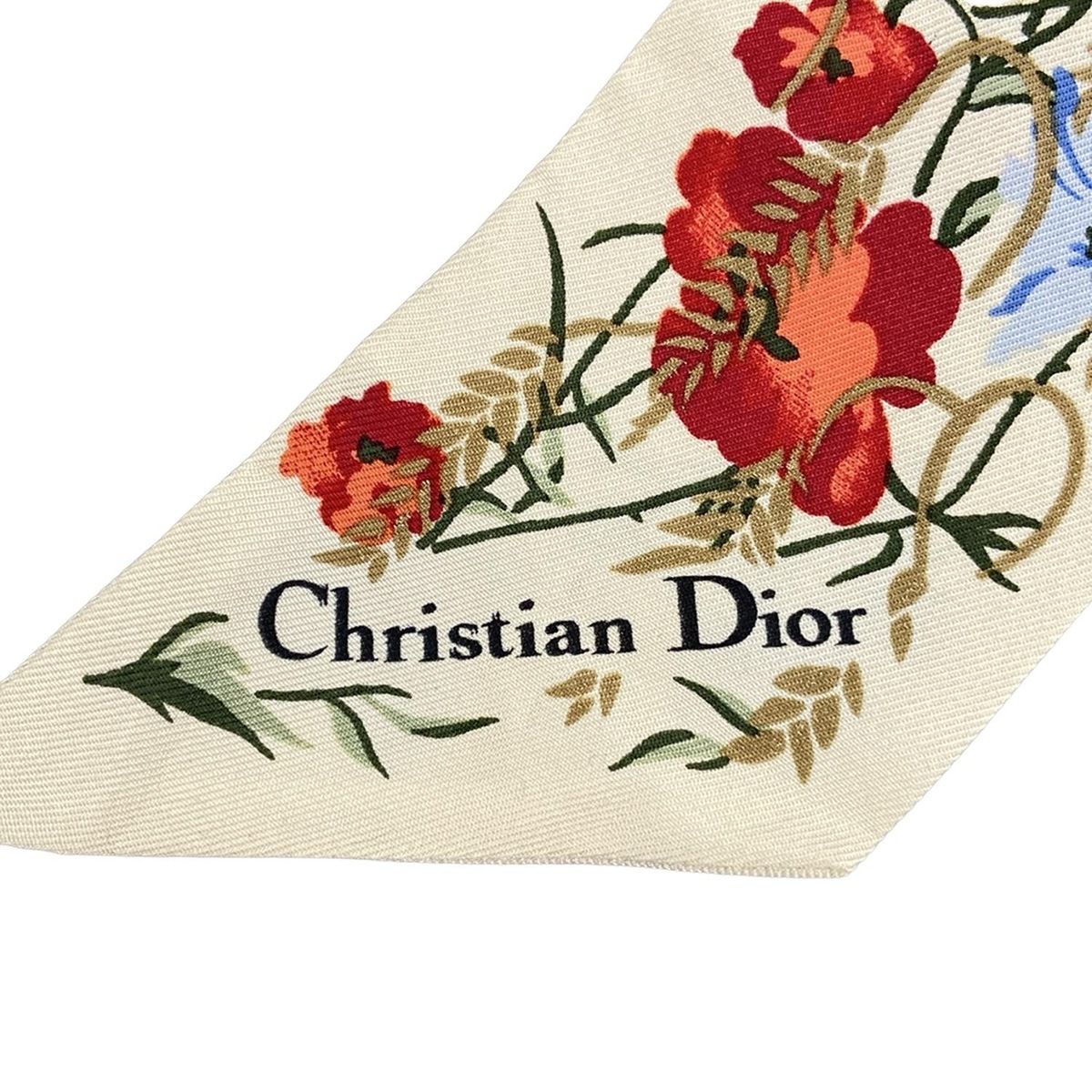 ディオール|クリスチャンディオール スカーフ ミッツァ 11 DHI 106 I 606 ベージュ×レッド×ブルー リボンスカーフ|花柄|タグ取れ シルク