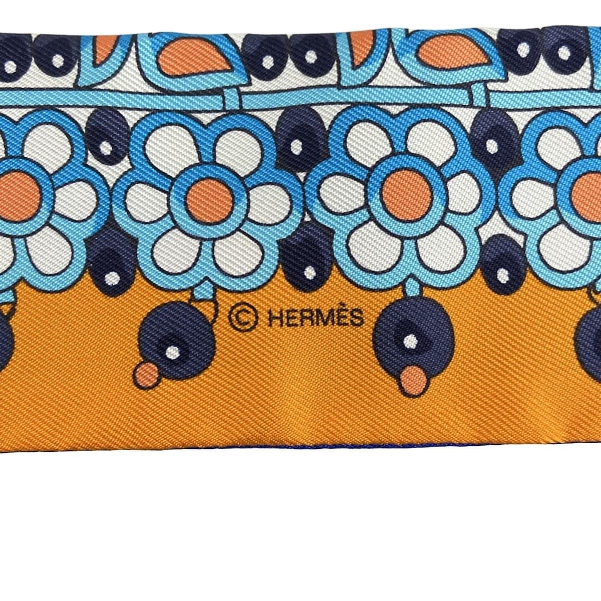 HERMES エルメス スカーフ ツイリー ネイビー×オレンジ×マルチ PARURES DES MAHARAJAS|フラワー 花 |リボンスカーフ