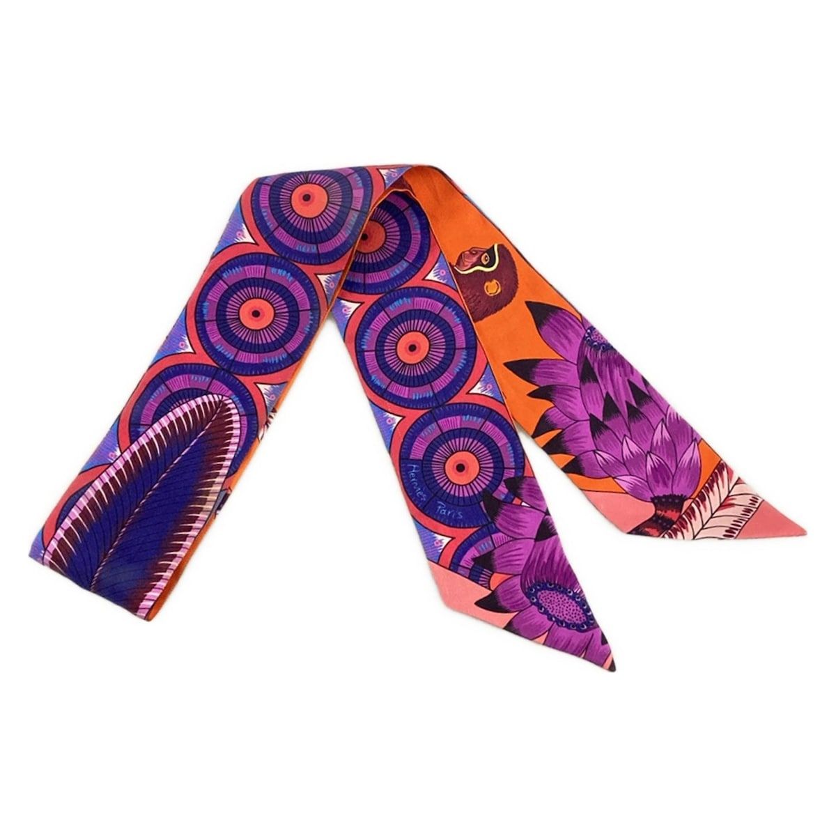 HERMES エルメス スカーフ ツイリー オレンジ×ネイビー×マルチ チーター|サル|サバンナのダンス|リボンスカーフ