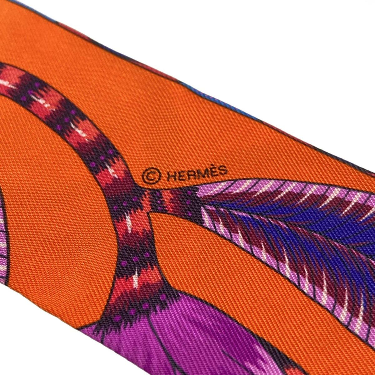 HERMES エルメス スカーフ ツイリー オレンジ×ネイビー×マルチ チーター|サル|サバンナのダンス|リボンスカーフ