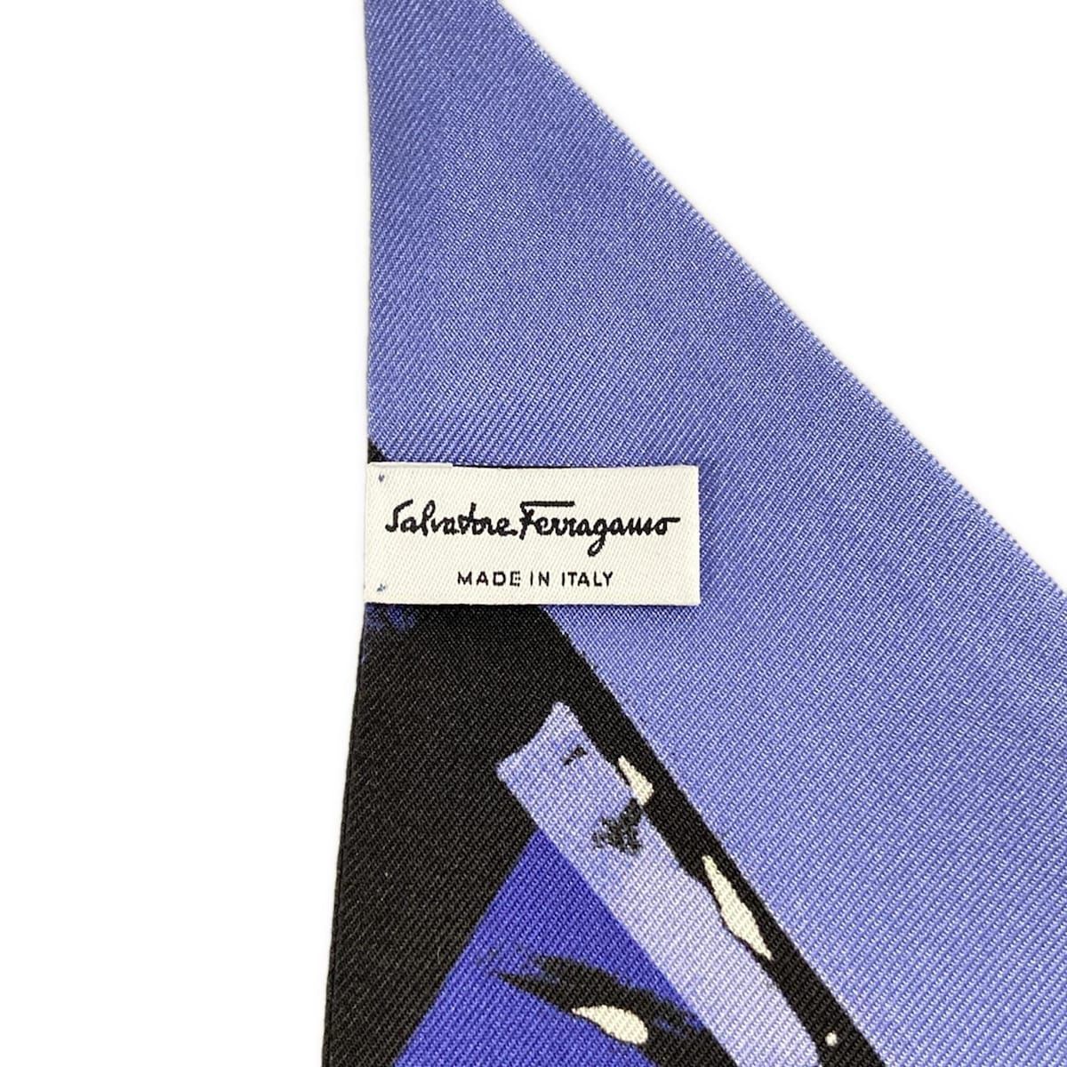 FERRAGAMO SalvatoreFerragamo サルバトーレフェラガモ スカーフ 黒 ブルーグレー ライトグレー リボンスカーフ ロゴ