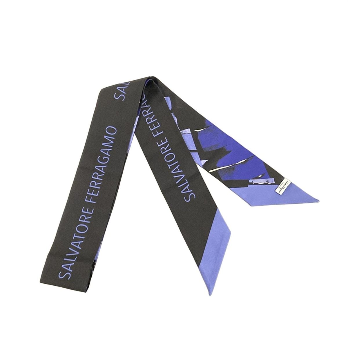 FERRAGAMO SalvatoreFerragamo サルバトーレフェラガモ スカーフ 黒 ブルーグレー ライトグレー リボンスカーフ ロゴ