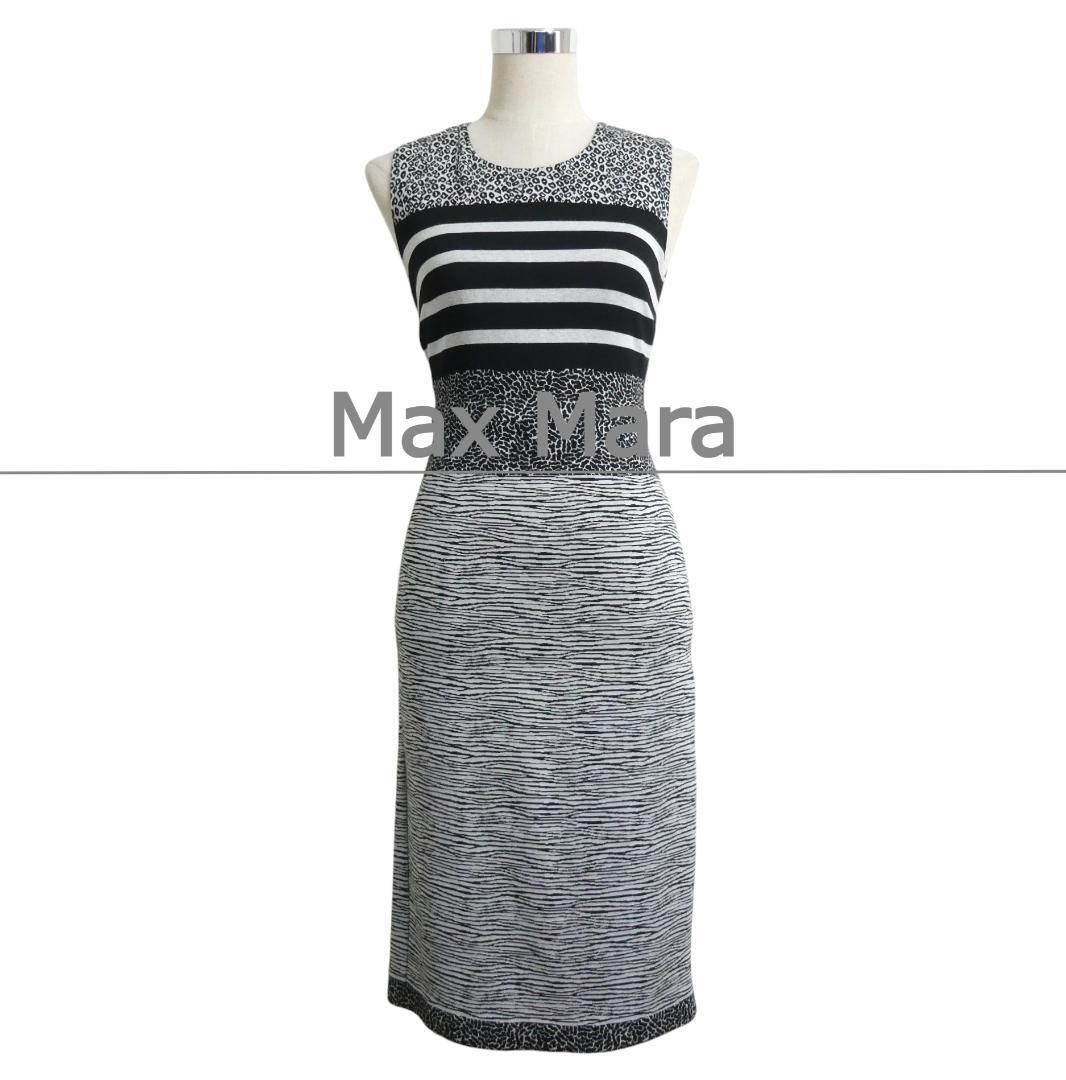 Max Mara マックスマーラ サイズI 36 白タグ アニマル柄 レオパード柄 総柄 ストレッチ 膝丈 ロング クルーネック ノースリーブ ワンピース シースドレス グレー ブラック レディース