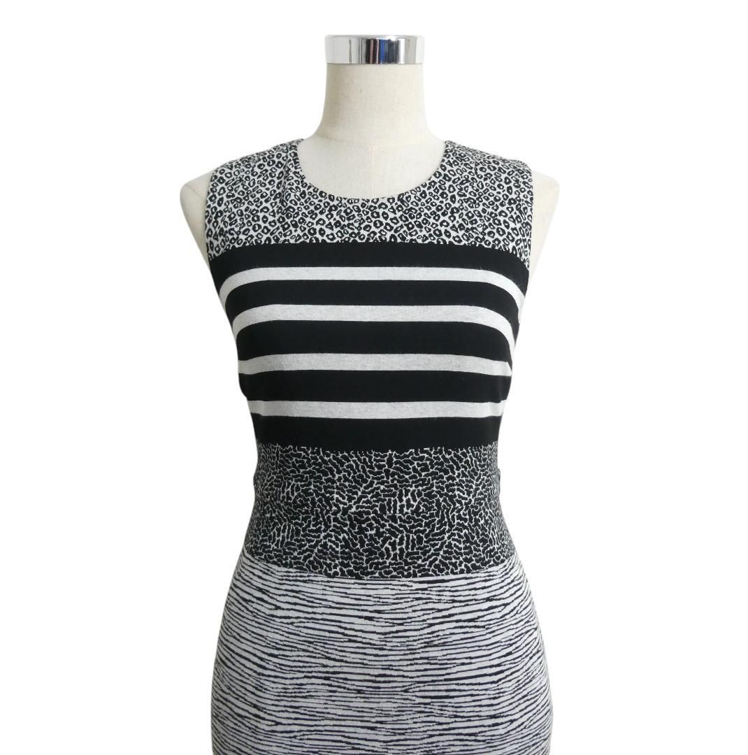 Max Mara マックスマーラ サイズI 36 白タグ アニマル柄 レオパード柄 総柄 ストレッチ 膝丈 ロング クルーネック ノースリーブ ワンピース シースドレス グレー ブラック レディース