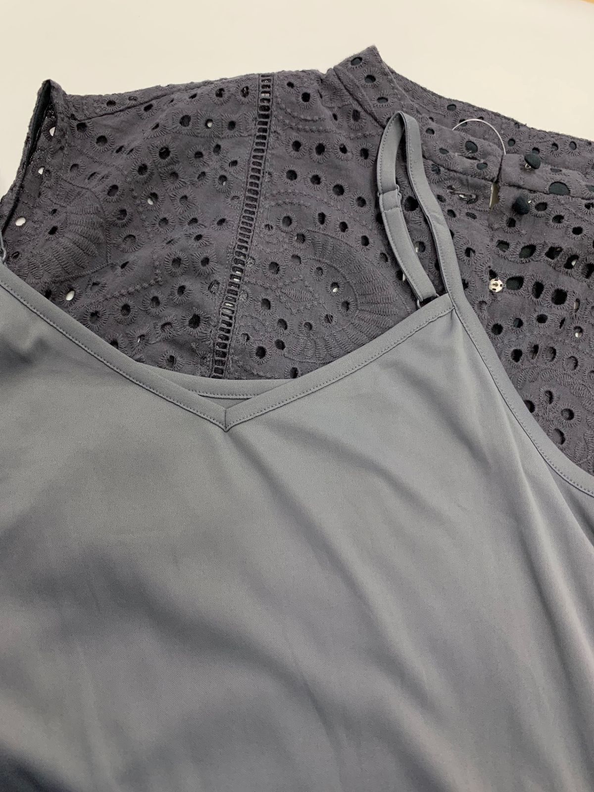  アメリ ワンピース M チャコール レース ノースリーブ ひざ丈ワンピース