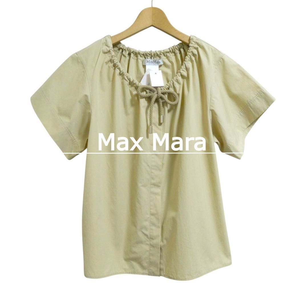 Max Mara マックスマーラ サイズI 40 シルバータグ コットン 比翼ボタン ギャザー リボン 半袖 シャツ ブラウス カットソー ベージュ レディース