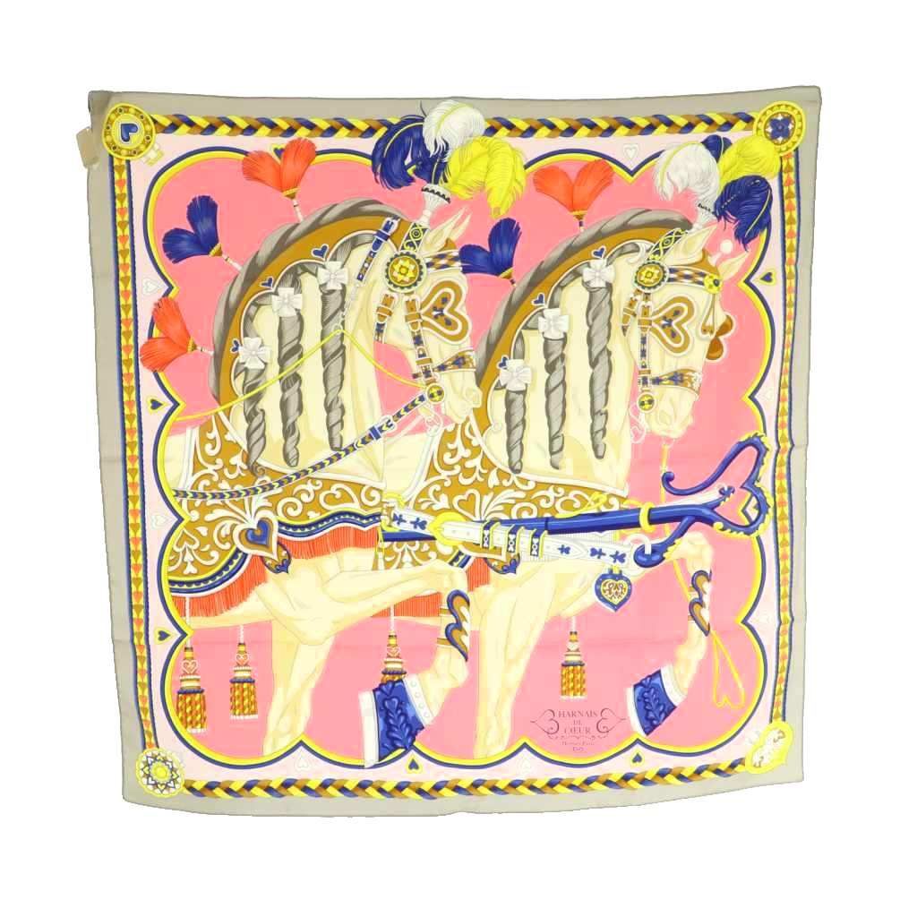 エルメス HERMES HARNAIS DE COEUR アルネ ドゥ クール カレ90 スカーフ シルク 総柄 グレー ピンク マルチカラー |MI OS OH