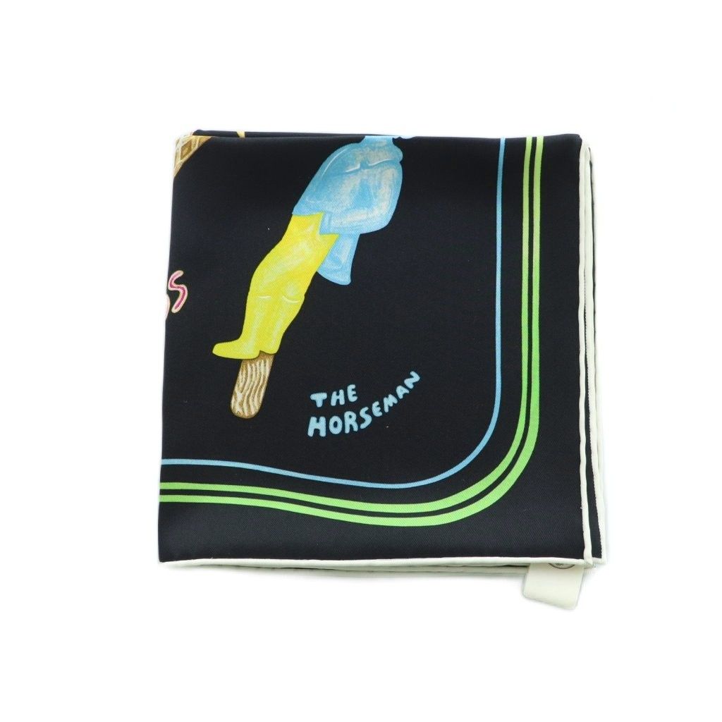 エルメス HERMES 24 SS カレ70 FUNNY ICE CREAM ファニーアイスクリーム スカーフ シルク 総柄 黒 マルチカラー MI OS OH
