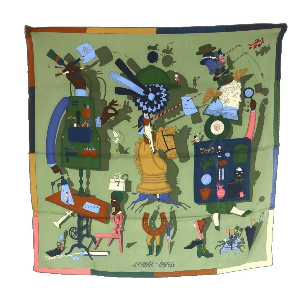 エルメス HERMES カレ70 Illusion Exquise 華麗なるイリュージョン スカーフ シルク 総柄 カーキ マルチカラー |MI OS OH