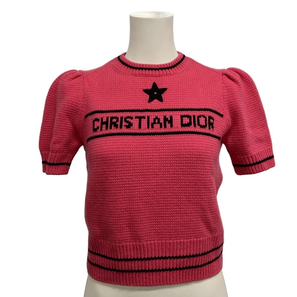 ディオール|クリスチャンディオール 半袖セーター サイズI 42 レディース - ピンク×黒 クルーネック|スター 星 ウール カシミヤ