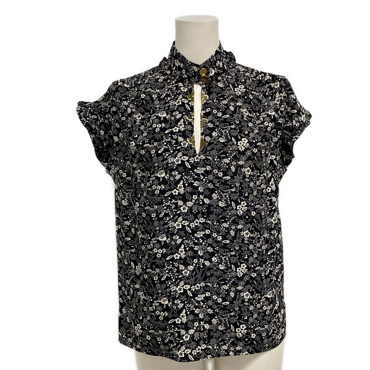 LOUIS VUITTON ルイヴィトン 半袖カットソー サイズ36 S レディース - RW 181 W FPQ FEBL 07 黒×白 ハイネック|花柄|フリル シルク