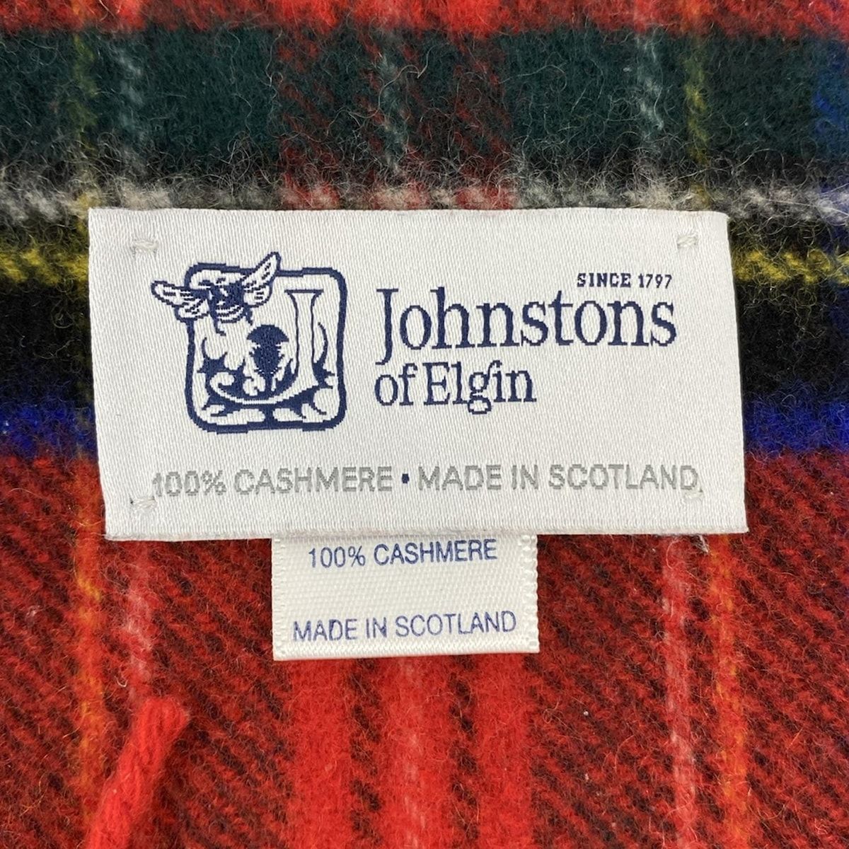 Johnstons ジョンストンズ マフラー - レッド×ダークグリーン×マルチ チェック柄 カシミヤ