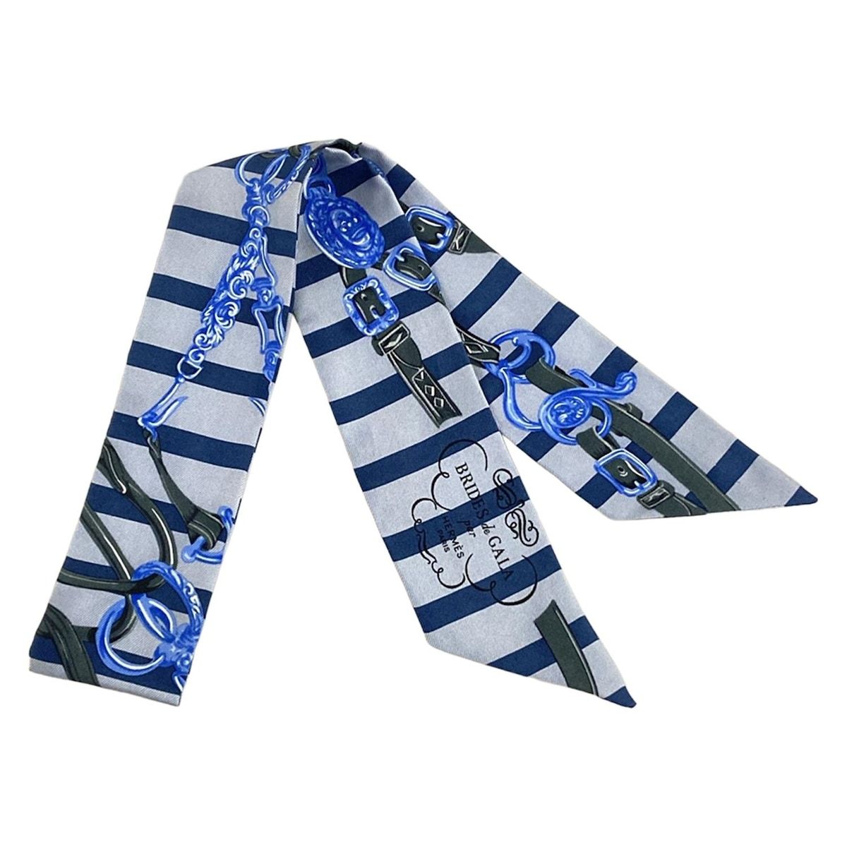 HERMES エルメス スカーフ ツイリー ライトブルー×ネイビー×マルチ リボンスカーフ|BRIDES de GALA