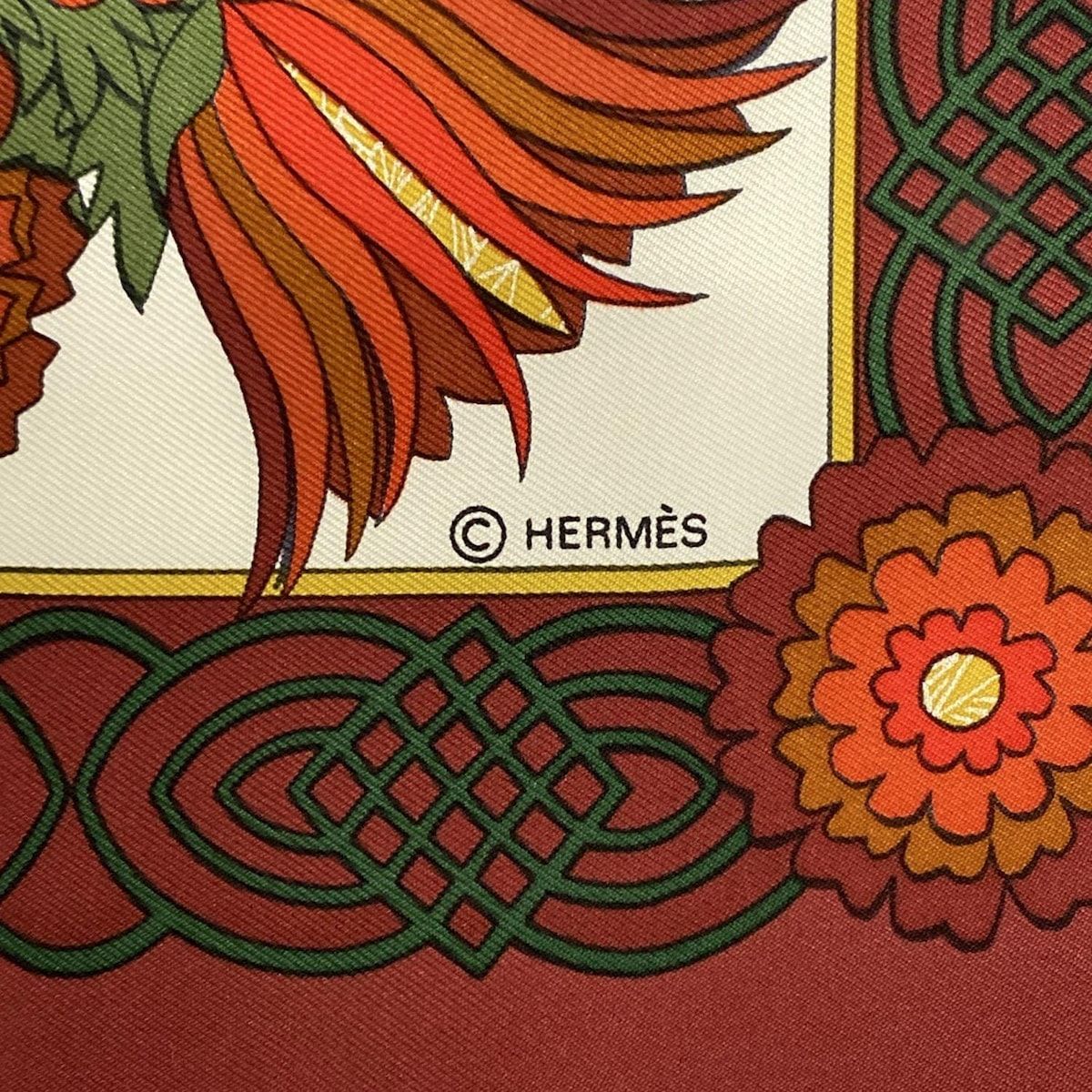 HERMES エルメス スカーフ カレ90 ボルドー×白×マルチ D ecoupages|花柄