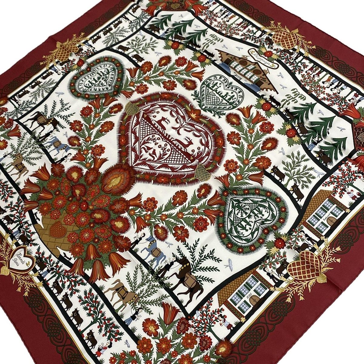 HERMES エルメス スカーフ カレ90 ボルドー×白×マルチ D ecoupages|花柄