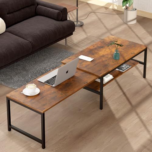 LunarLight ローテーブル 幅伸縮80.5-142.7奥行き45高さ35 cm 無段階調整 伸縮ローテーブル センターテーブル リビング 机 座卓 コンパクト 収納棚板 高さ可動式 床傷防止用のフェルト付き 強度安定 錆び防止 耐摩擦性 耐水性 耐熱 m