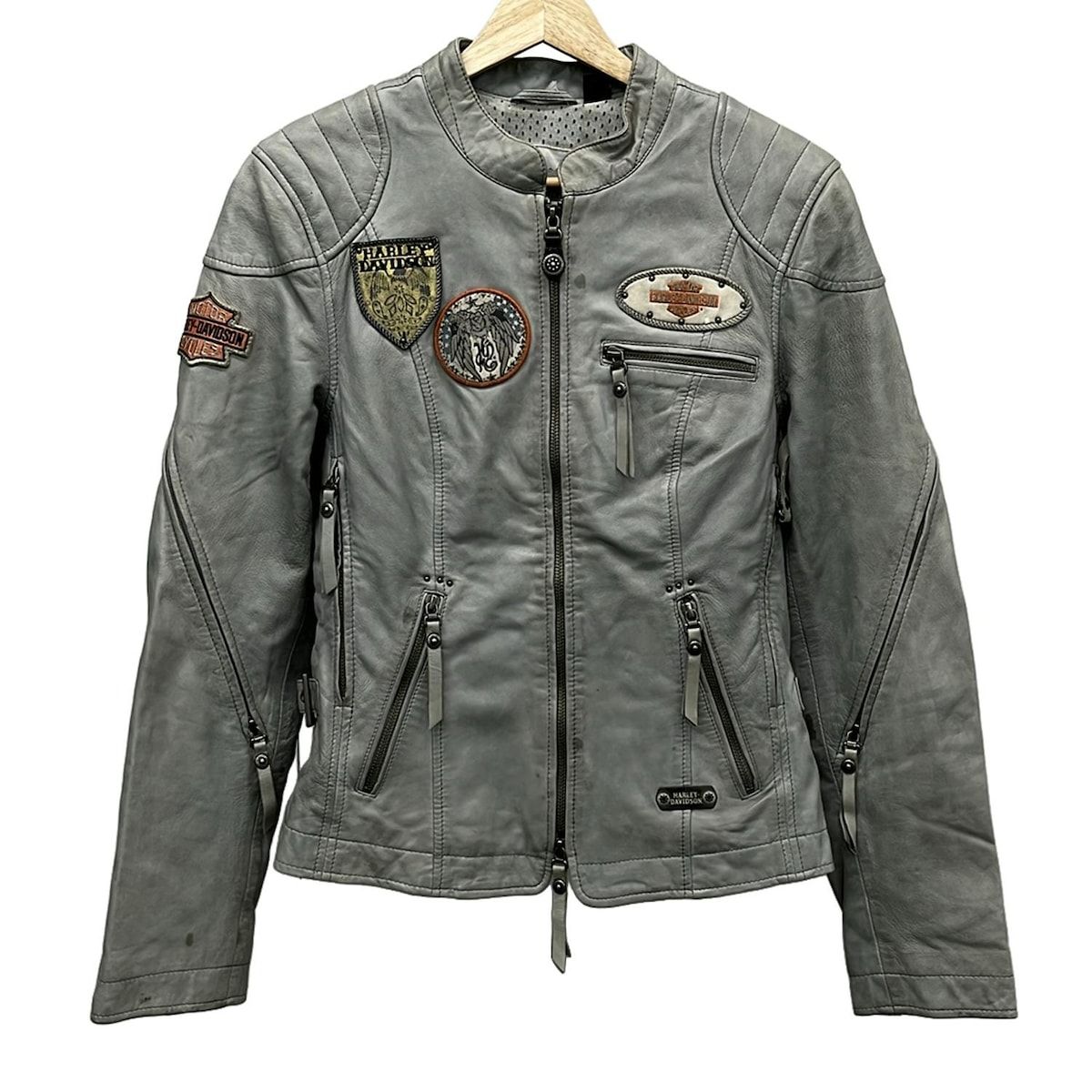 ハーレーダビッドソン ライダースジャケット サイズＳ S メンズ ライトグレー×オレンジ×マルチ ラムスキン|ワッペン|冬物