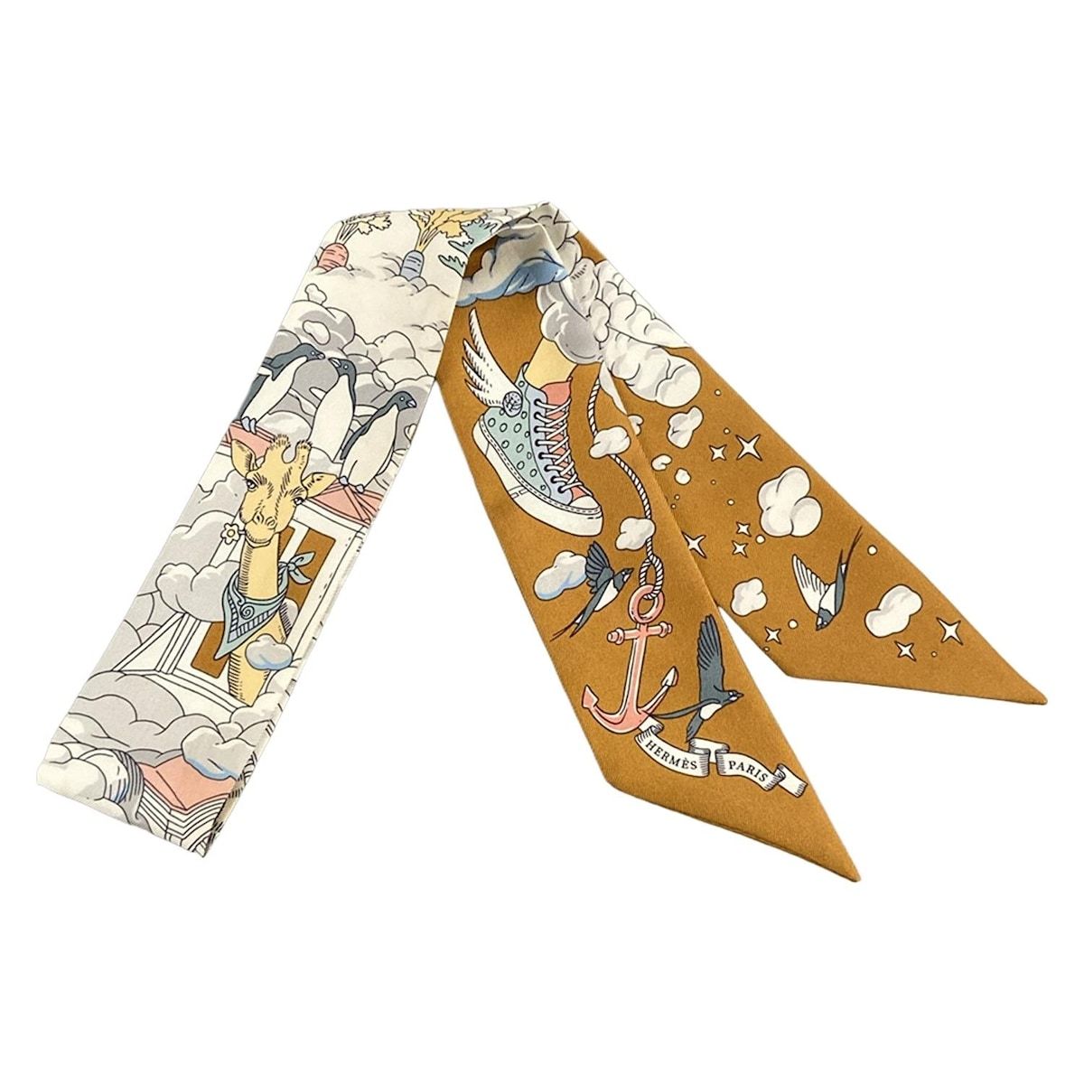 HERMES エルメス スカーフ ツイリー 063900 S ブラウン×白×マルチ リボンスカーフ|Sur Mon Nuage