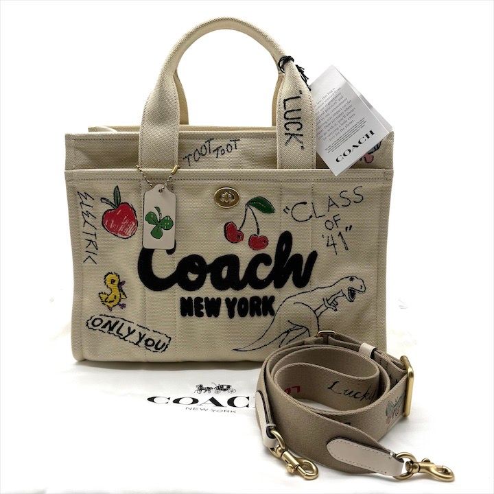 ♥品 COACH コーチ 2 WAY ショルダー バッグ カーゴ トート スケッチ プリント キャンバス CAM 73 ホワイト レディース k 7239