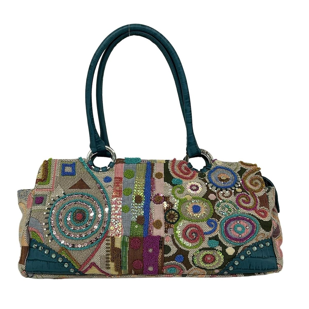 ThinkBee シンクビー ハンドバッグ - アイボリー×ブルー×マルチ スパンコール|ラインストーン|ビーズ レザー