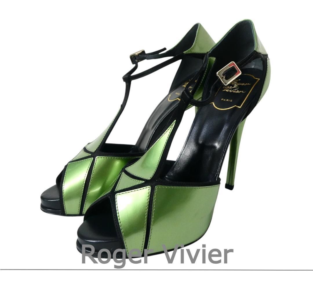 Roger Vivier ロジェヴィヴィエ サイズ38.5 約25.5㎝ エナメル パテントレザー アンクルストラップ オープントゥ ピンヒール サンダル パンプス 緑 グリーン レディース