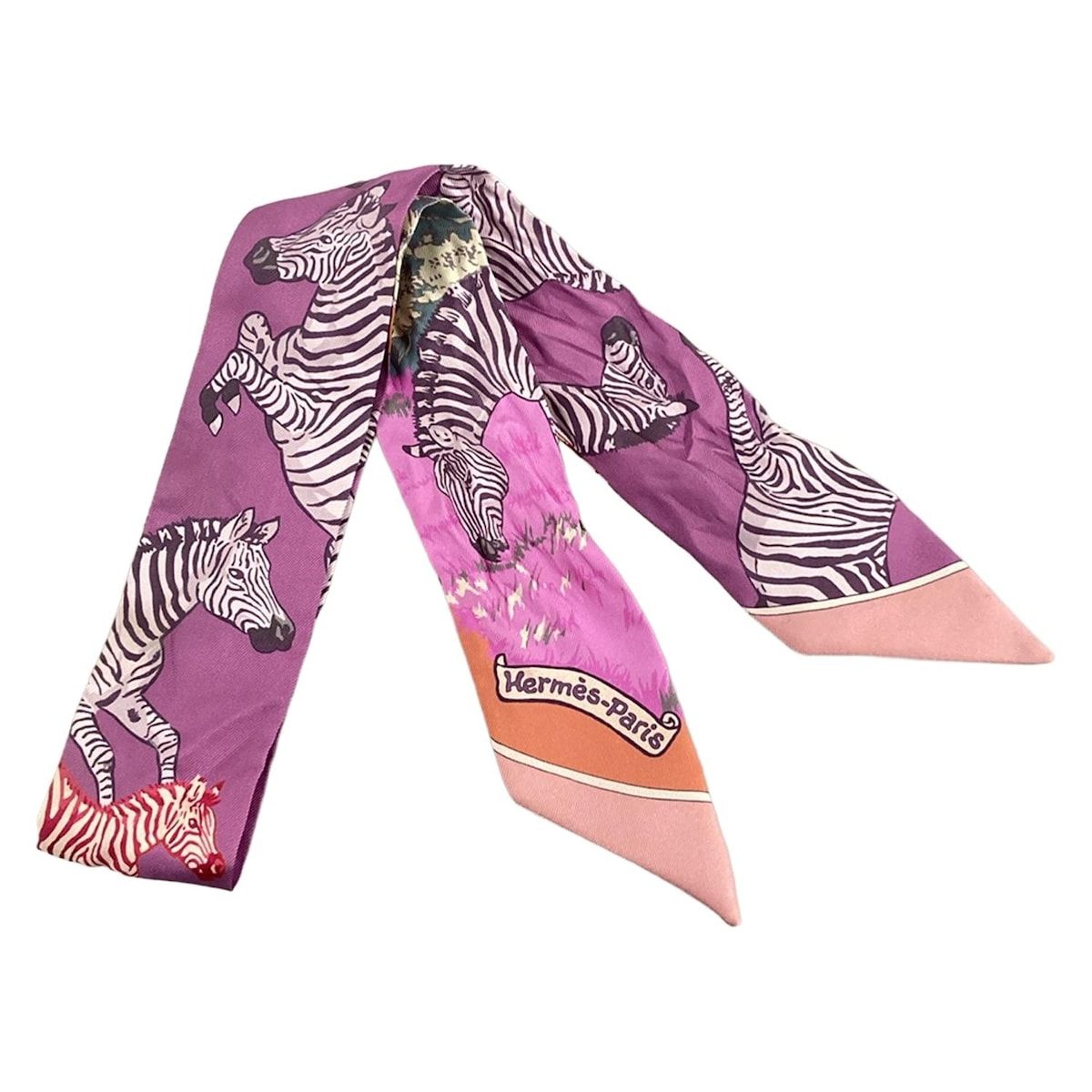 HERMES エルメス スカーフ ツイリー ライトパープル×白×マルチ リボンスカーフ|シマウマ柄