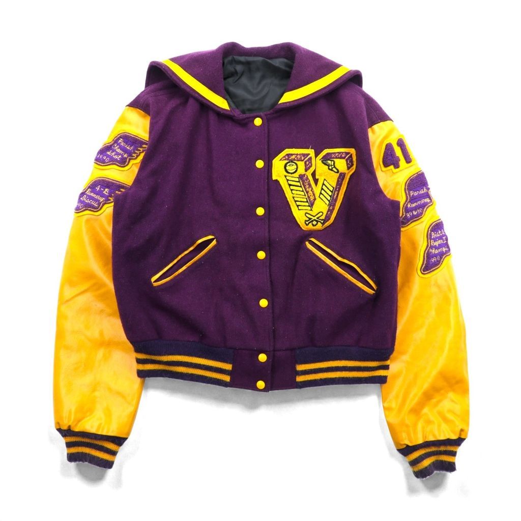 BELL S GOODS 70 USA Vintage Varsity Jacket レタード スタジャン XL ウール 袖PUレザー セーラーカラー ワッペン 短丈 70年代