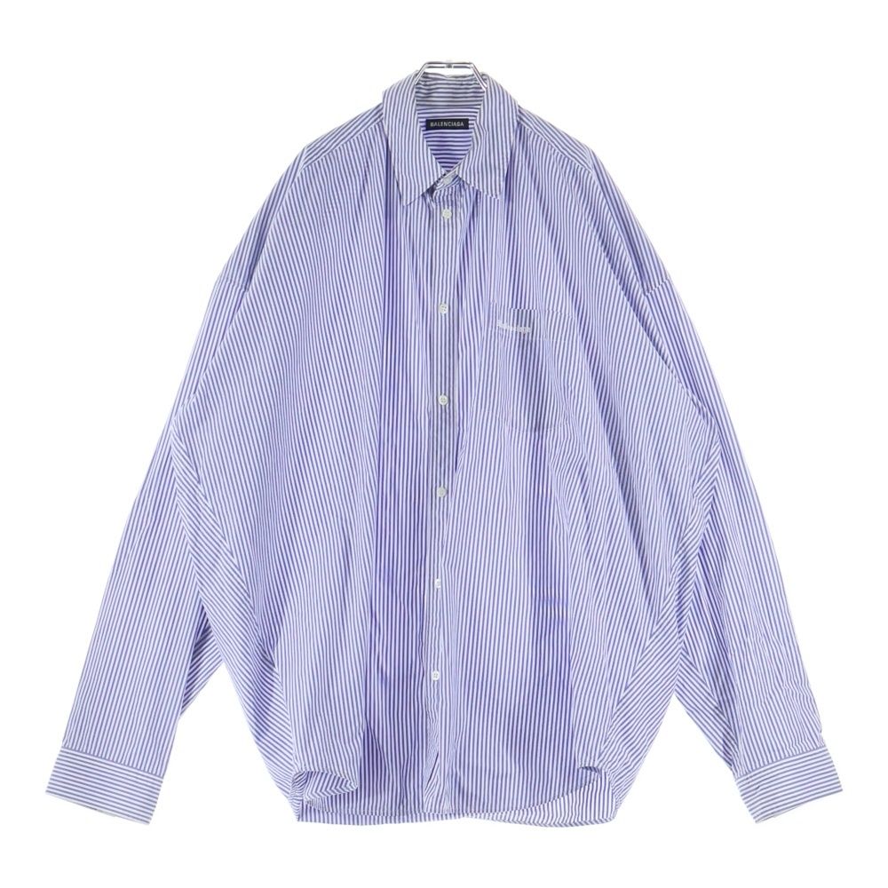 バレンシアガ ロゴ刺繍 ストライプ 長袖シャツ ブルー 642306 TFM 03
